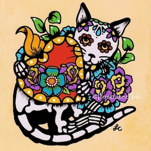 Day of the Dead CAT Tattoo Sacred Heart Dia de los Muertos Art Print 5 x 7, 8 x 10 or 11 x 14 - Donation to Shelter