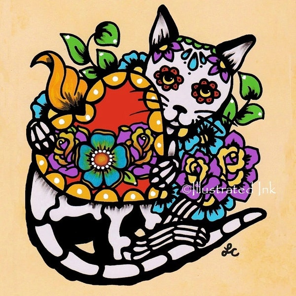 Day of the Dead CAT Tattoo Sacred Heart Dia de los Muertos Art Print 5 x 7, 8 x 10 or 11 x 14 - Donation to Shelter