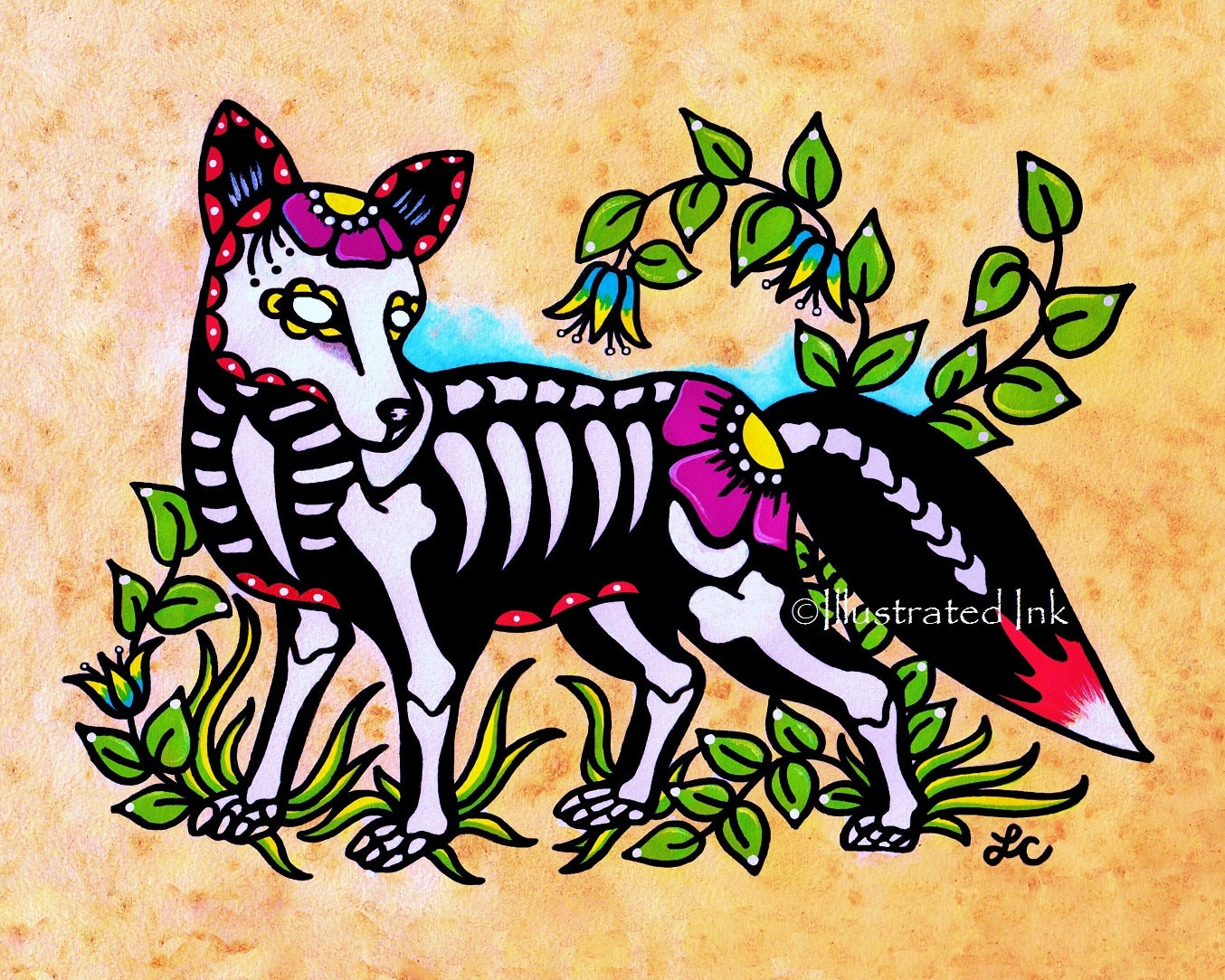 Day of the Dead FOX Dia De Los Muertos Art Print 5 X 7, 8 X 10 or