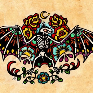 Old School Tattoo Skeleton BAT Day of the Dead Art Print 5 x 7, 8 x 10 or 11 x 14 image 1