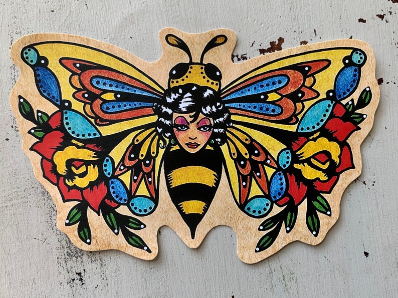 Traditional Tattoo BEE Sticker, Vinyl Sticker Decal, Bee Laptop Sticker, Old School Bee Tattoo Art Bee with female face