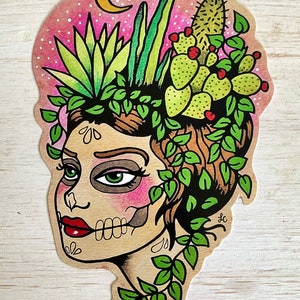 Day of the Dead Sugar Skull Nopales Sticker Decal, Cactus Vinyl Sticker Laptop Decal, Desert Moon Cactus Tattoo Art image 1