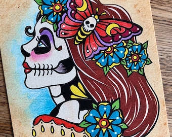 Day of the Dead Luna Moon Death MOTH Art Sugar Skull Girl Flower Garland - American Traditional Tattoo Design Print - 5 x 7, 8 x 10, 11 x 14