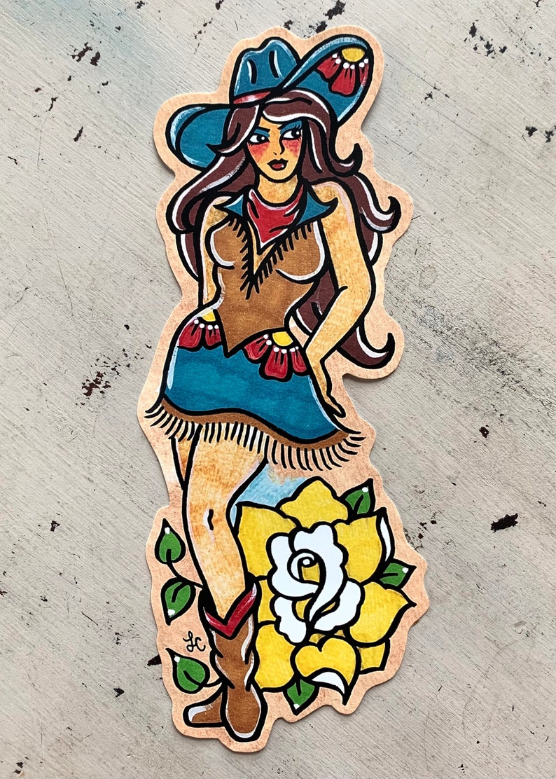 Traditional Tattoo Cowgirl Pinup Sticker, Texas Vinyl Sticker Decal, Old West Cowboy Pin-Up Laptop Sticker, Western Old School Tattoo Art image 2