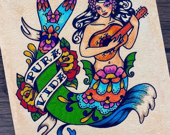 Tattoo Mermaid PURA VIDA  Mexican Folk Art Print 8 x 10 or 11 x 14