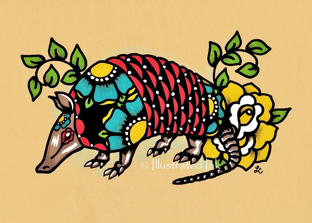 Old School Tattoo ARMADILLO Mexican Folk Art Texas Print 5 x 7, 8 x 10 or 1...