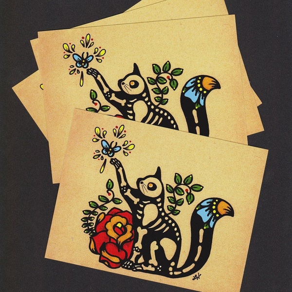 Day of the Dead Postcards CAT Skeleton Pet - Donation to Austin Pets Alive