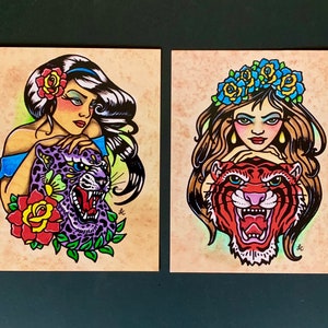 Traditional Tattoo Art Postcards Jaguar Tattoo Girl, Tiger Tattoo Girl, Jungle Cat Tattoos Postcard Set of 2 Old School Tattoo Designs image 2