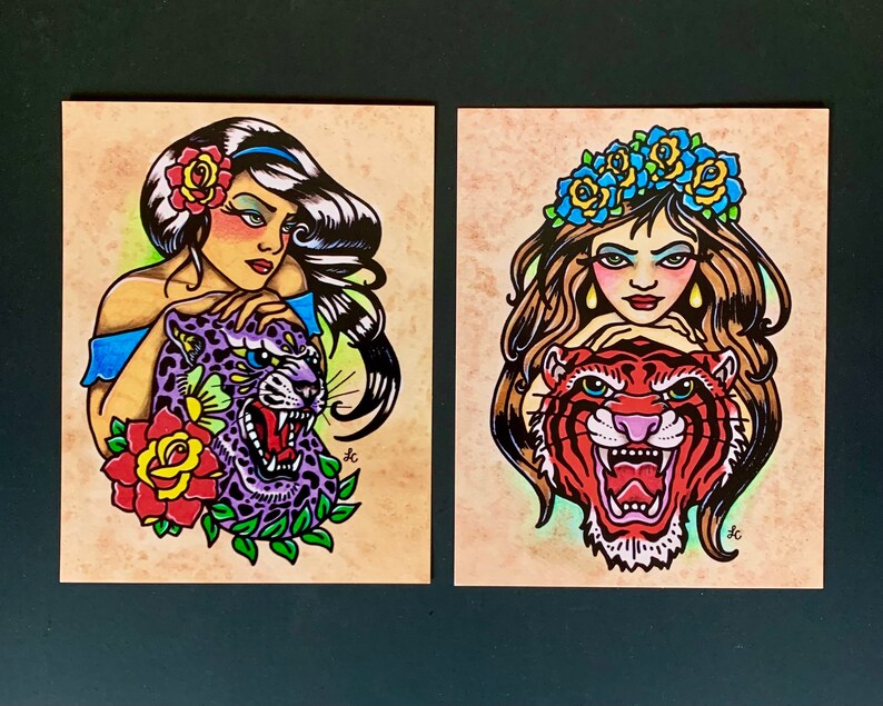 Traditional Tattoo Art Postcards Jaguar Tattoo Girl, Tiger Tattoo Girl, Jungle Cat Tattoos Postcard Set of 2 Old School Tattoo Designs image 2