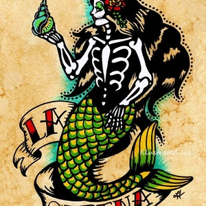 Day of the Dead Mermaid Tattoo Art LA SIRENA Loteria Print 5 x 7, 8 x 10 or 11 x 14