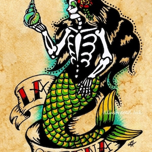 Day of the Dead Mermaid Tattoo Art LA SIRENA Loteria Print 5 x 7, 8 x 10 or 11 x 14 image 1