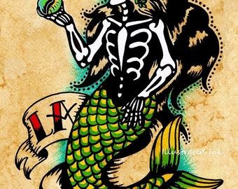 Day of the Dead Mermaid Tattoo Art LA SIRENA Loteria Print 5 x 7, 8 x 10 or 11 x 14