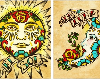 Mexican Folk Art Prints Sun Moon Loteria El SOL & LA LUNA 5 x 7, 8 x 10 or 11 x 14 Set