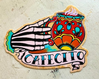 Cafecito Sticker, Mexican Coffee Vinyl Sticker Decal, Skeleton Hand Cafecito Magnet, Day of the Dead Laptop Sticker, Coffee Tattoo Art