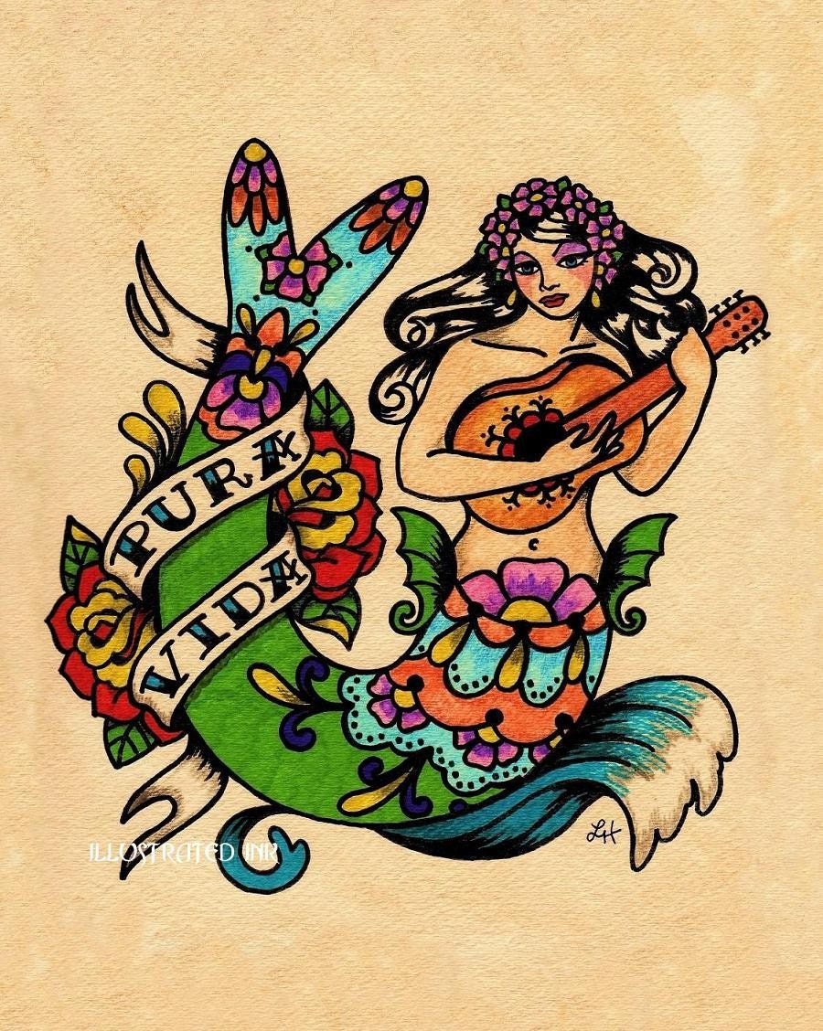 Tattoo Mermaid PURA VIDA Mexican Folk Art Print 8 x 10 or ...