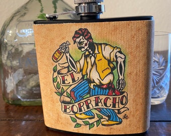 El Borracho Flask Day of the Dead Loteria Card Mexican Folk Art 6 Oz, Black, Stainless Steel with Funnel