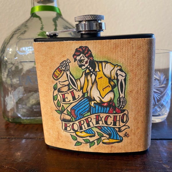 El Borracho Flask Day of the Dead Loteria Card Mexican Folk Art 6 Oz, Black, Stainless Steel with Funnel