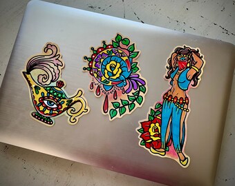 Arabian Nights Traditional Tattoo Sticker Set, Genie Lamp Vinyl Sticker Decal, Bellydance Pinup Laptop Sticker, Crescent Moon Tattoo Art