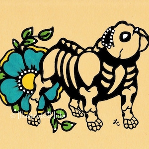 Tag des toten Hundes ENGLISCHE BULLDOGGE Dia de los Muertos Kunstdruck 13 x 18, 20 x 10 oder 11 x 14 - Wählen Sie Ihre eigenen Worte - Shelter Donation