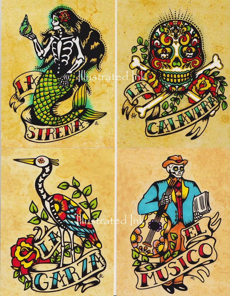 Set of 8 Designs Day of the Dead Art POSTCARDS Mexican Loteria Tattoo Art
