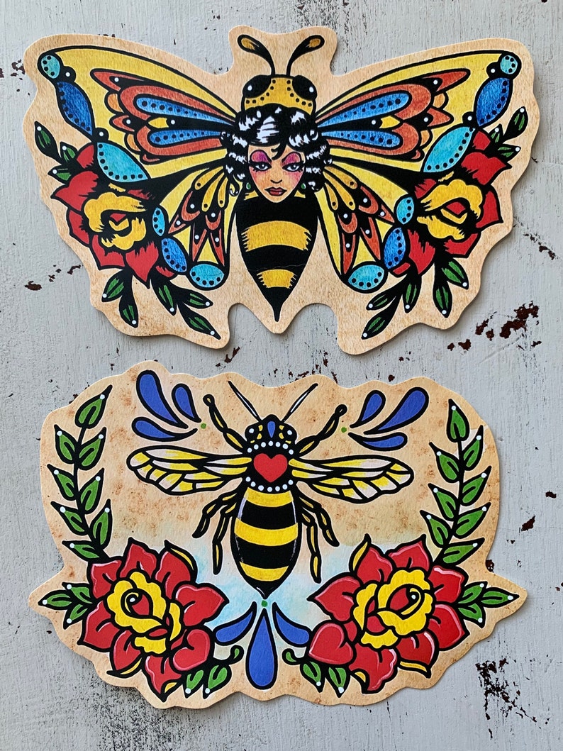 Traditional Tattoo BEE Sticker, Vinyl Sticker Decal, Bee Laptop Sticker, Old School Bee Tattoo Art image 2