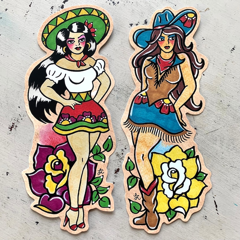 Traditional Tattoo Cowgirl Pinup Sticker, Texas Vinyl Sticker Decal, Old West Cowboy Pin-Up Laptop Sticker, Western Old School Tattoo Art image 4