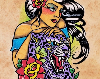 Traditional Tattoo Jaguar Art Print, Old School Tattoo Flash Design, Alebrije Cat and Girl Tattoo Art 5 x 7, 8 x 10, or 11 x 14