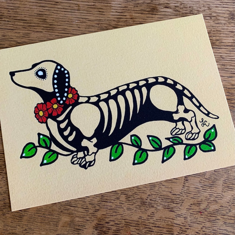 May include: A black and white illustration of a dachshund skeleton with red and white flowers around its neck. The dachshund is walking on a green vine with white flowers.