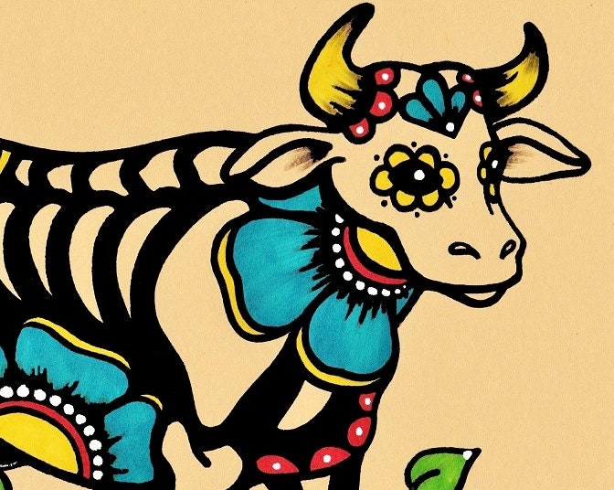 Day of the Dead COW Skeleton Dia De Los Muertos Art Print 5 X Etsy