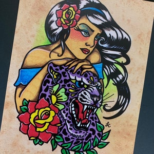 Traditional Tattoo Art Postcards Jaguar Tattoo Girl, Tiger Tattoo Girl, Jungle Cat Tattoos Postcard Set of 2 Old School Tattoo Designs image 5