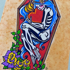 Day of the Dead COFFIN Girl Art Dia de los Muertos Print Sacred Heart Tattoo Art 5 x 7, 8 x 10 or 11 x 14