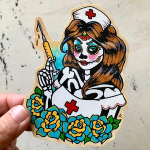 Day of the Dead NURSE Decal Sticker, Laptop Vinyl Sticker, Nurse Tattoo Art image 3