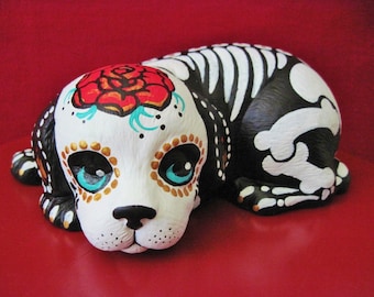 Day of the Dead DOG Statue Skeleton Puppy Figurine Pet Memorial Shrine - CUSTOM by Illustrated Ink - Made to Order