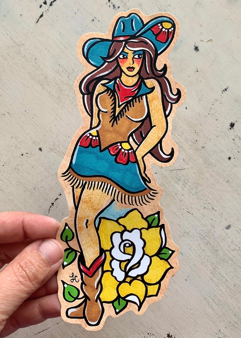 Traditional Tattoo Cowgirl Pinup Sticker, Texas Vinyl Sticker Decal, Old West Cowboy Pin-Up Laptop Sticker, Western Old School Tattoo Art image 1