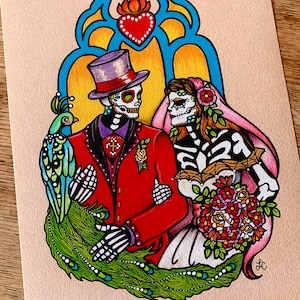 Tag der Toten HOCHZEIT Art Print, Tag des Toten Braut und Bräutigam Dia de los Muertos Geschenk zum Jahrestag