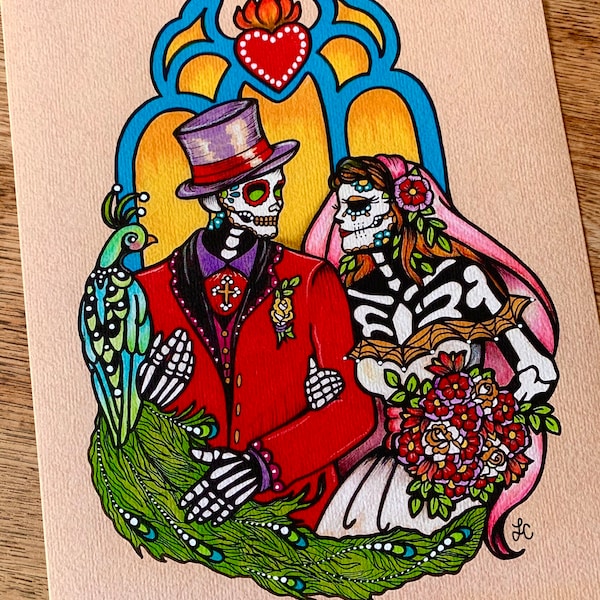 Day of the Dead WEDDING Art Print, Day of the Dead Couple Bride and Groom, Dia de los Muertos Wedding Anniversary Gift