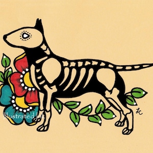 Tag des toten Hundes BULL TERRIER Dia de los Muertos Kunstdruck 13 x 18, 20 x 10 oder 11 x 14 - Wählen Sie Ihre eigenen Worte - Shelter Donation
