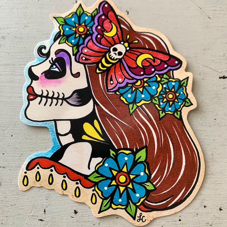 Day of the Dead Girl Moth Garland Decal Sticker, Dia de los Muertos Laptop Vinyl Sticker, Sugar Skull Tattoo Art image 3