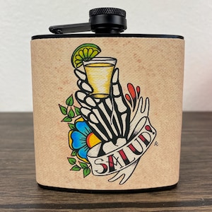 Tequila Flask Day of the Dead Skeleton Hand “Salud!” Mexican Folk Art 6 Oz, Black, Stainless Steel with Funnel
