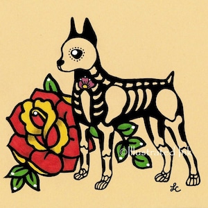 Tag des Toten Hund MINIATUR PINSCHER Dia de los Muertos Kunstdruck 13 x 20, 20 x 10 oder 11 x 14 - Wählen Sie Ihre eigenen Worte - Shelter Donation