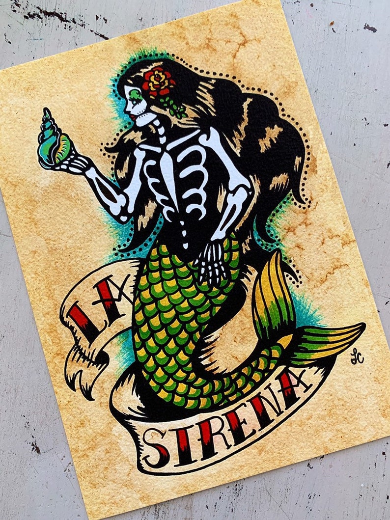 Day of the Dead Mermaid Tattoo Art LA SIRENA Loteria Print 5 x 7, 8 x 10 or 11 x 14 image 3