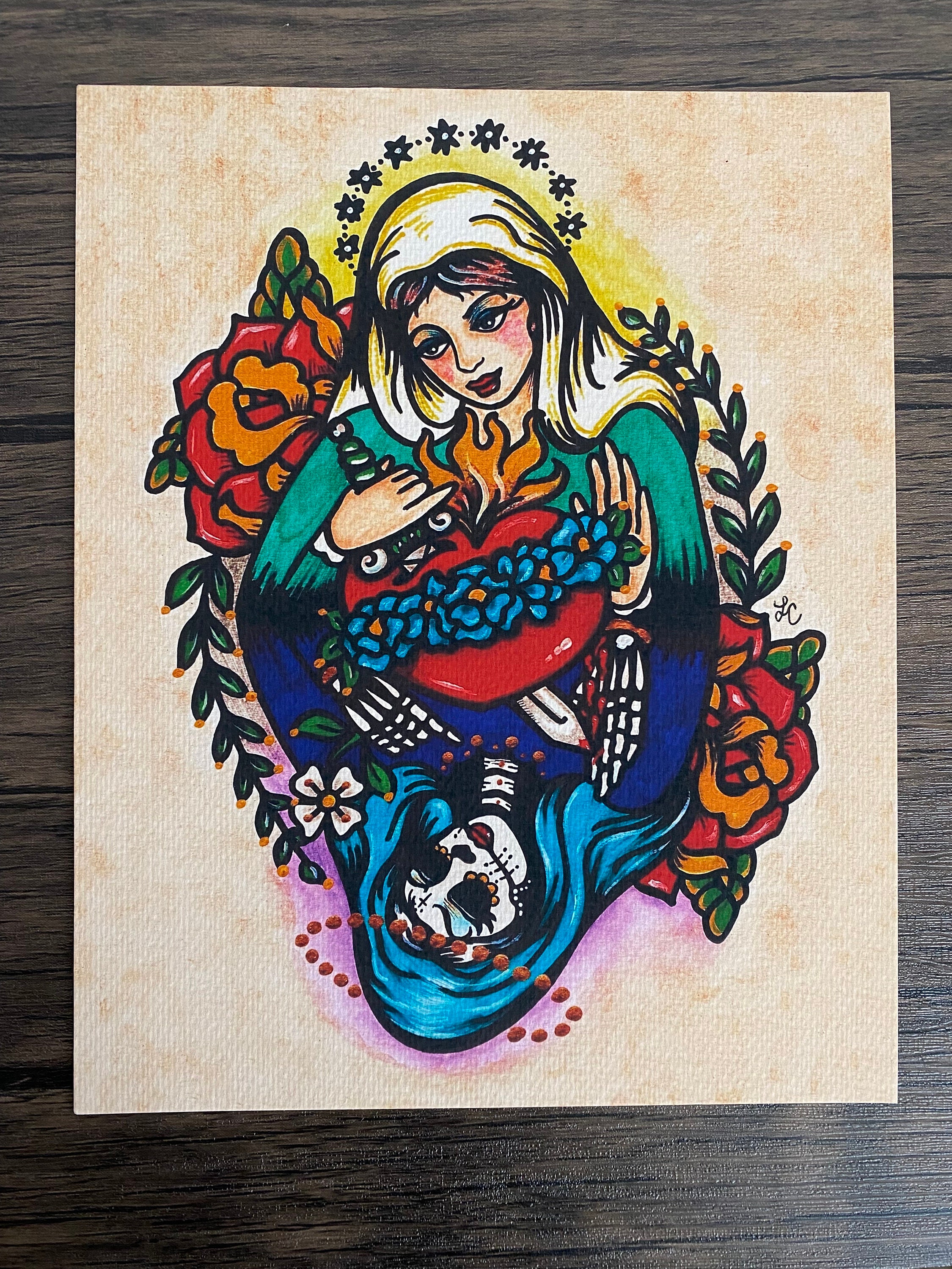 死者の日 聖母マリア オールドスクールタトゥーアートプリント 5 x 7