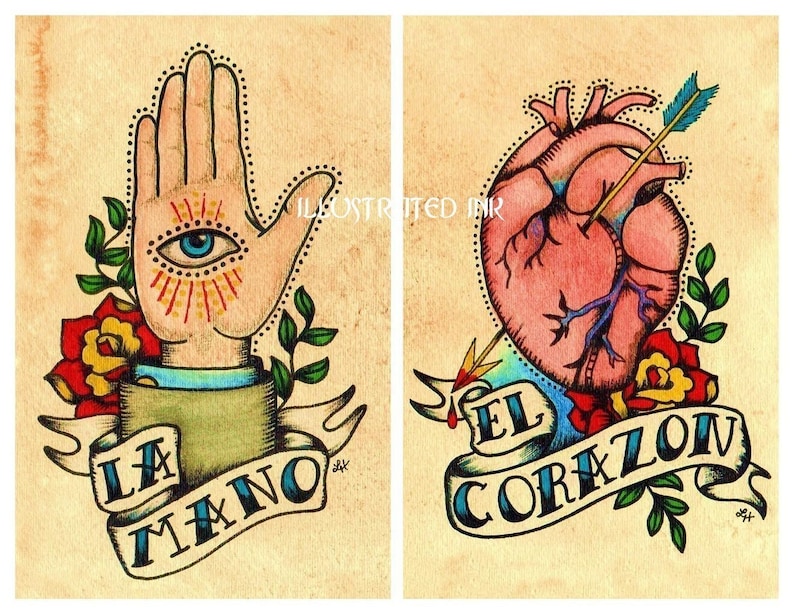 Old School Tattoo Art Prints Loteria LA MANO & El CORAZON 5 x 7, 8 x 10 or 11 x 14 Set image 1