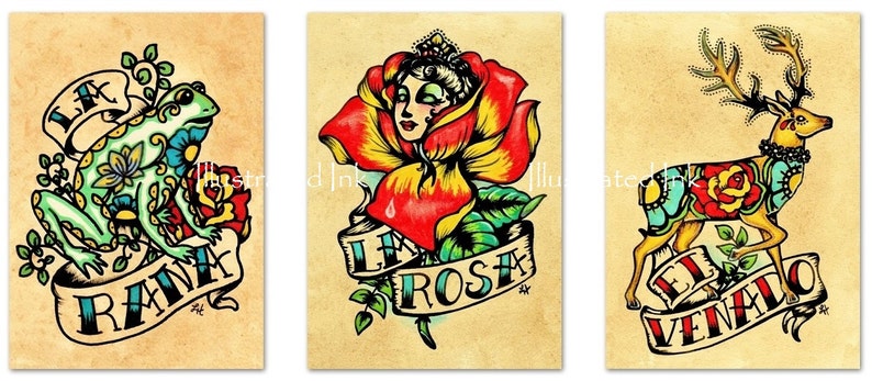 Old School Tattoo Art Prints Mexican Loteria SET of 9 Designs 5 x 7, 8 x 10 or 11 x 14 image 6