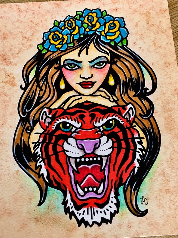 Vintage Sailor Jerry Traditional tattoo flash Bengal TIGER poster print Ed  Hardy | eBay