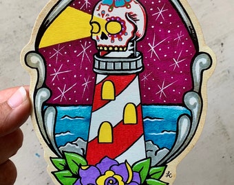 Skull Lighthouse Tattoo Decal Sticker, Day of the Dead Sugar Skull Sticker Laptop, American Traditional Tattoo Art