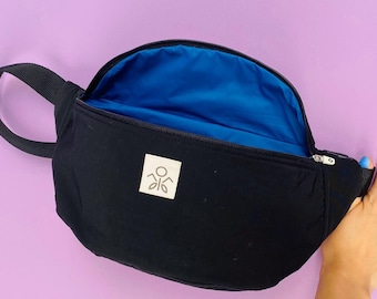 Black Vegan Fanny Pack – Blue Lined Hip Bag, Crossbody Waist Bumbag