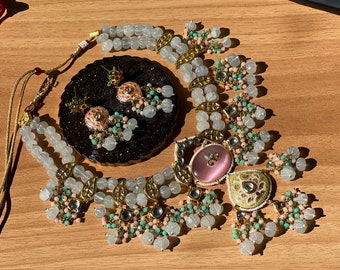 Sabyasachi Inspired Floral Colorstone Meenakari Handpainted Kundan Necklace + Earrings Set