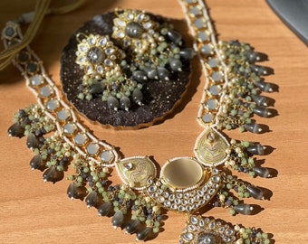 Unique Bridal Handmade Stone Kundan Mala Necklace + Earrings Set