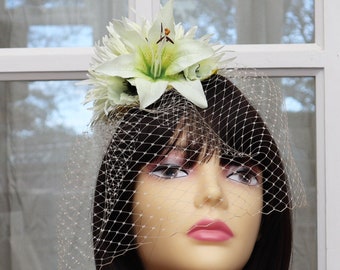 Unique Yellow Cream Floral Fascinator, hat with veil. Vintage. Wedding. Boho. Floral. Bride.